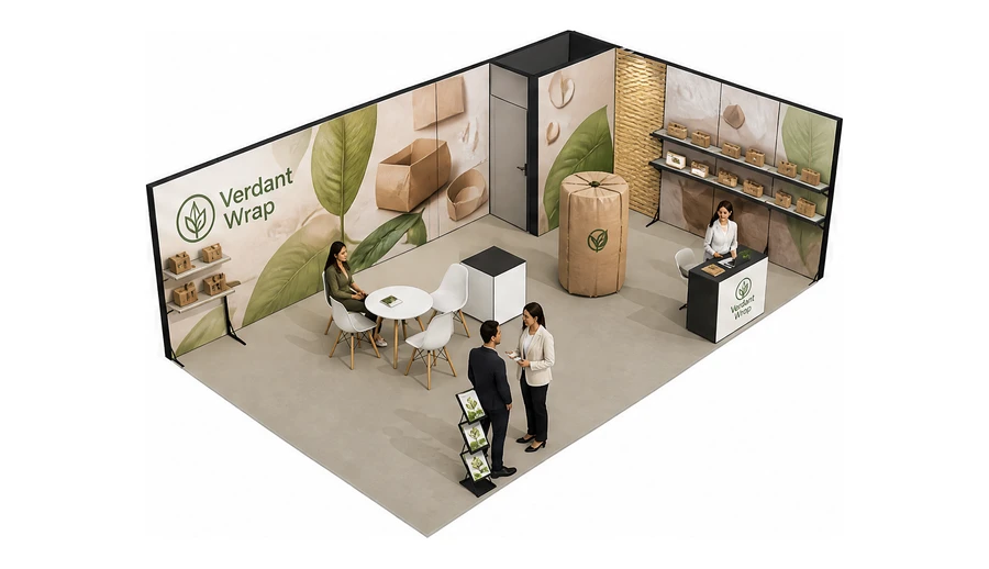Stoisko 8 × 5 m narożne prawe dla branży opakowania ekologiczne, przykładowa marka Verdant Wrap