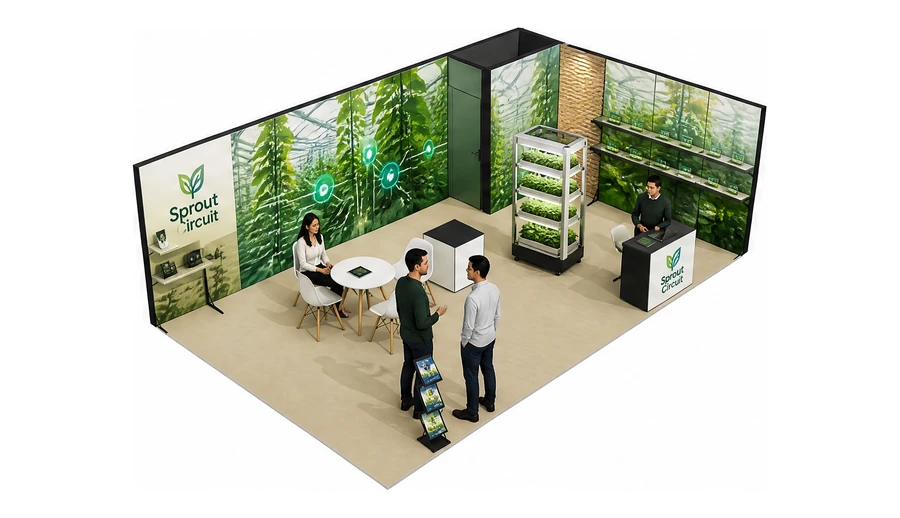 Stoisko 8 × 5 m narożne prawe dla branży sadownictwo i warzywnictwo, przykładowa marka Sprout Circuit