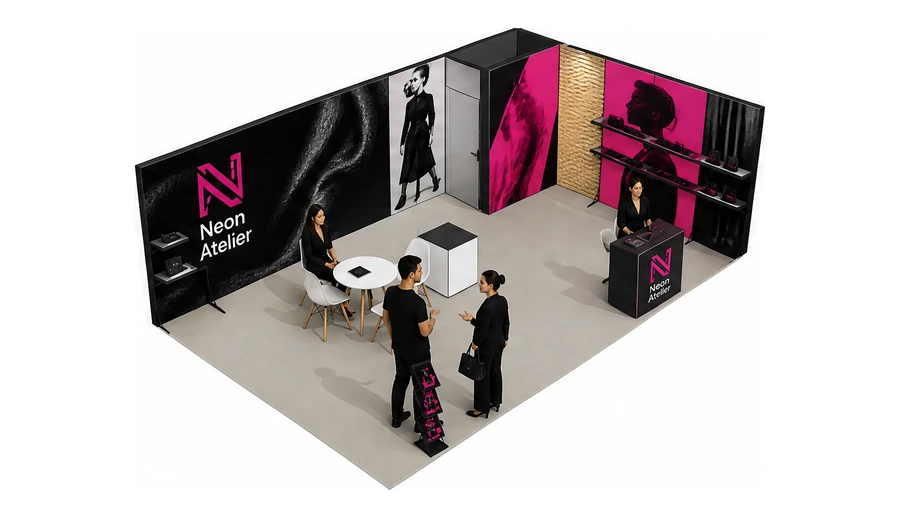 Stoisko 8 × 5 m narożne prawe dla branży odzież i moda, przykładowa marka Neon Atelier
