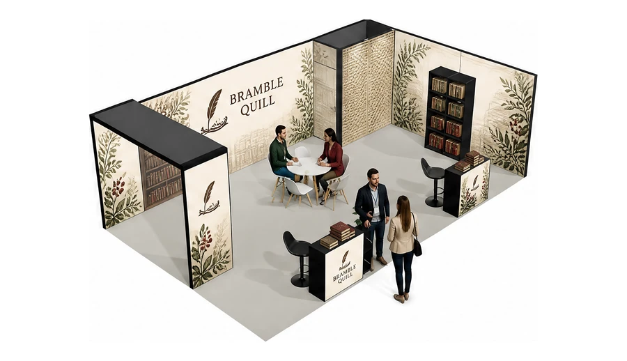 Stoisko 8 × 5 m narożne prawe dla branży wydawnictwa, przykładowa marka Bramble Quill