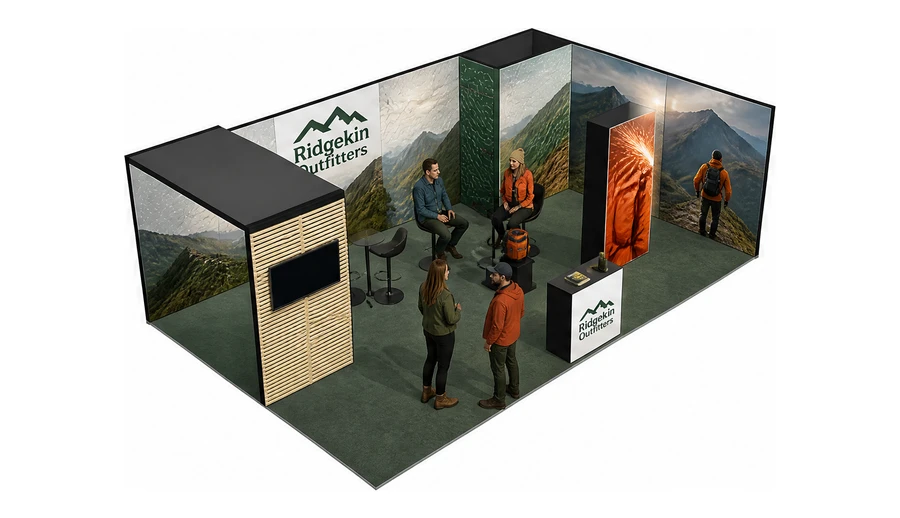 Stoisko 8 × 5 m narożne prawe dla branży odzież i sprzęt outdoorowy, przykładowa marka Ridgekin Outfitters