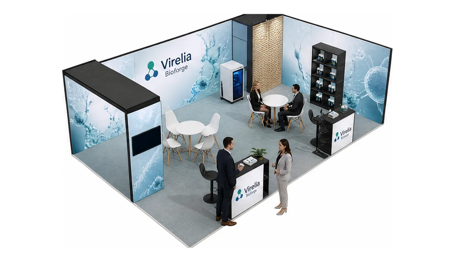 Stoisko 8 × 5 m narożne prawe dla branży farmacja i biotechnologia, przykładowa marka Virelia Bioforge