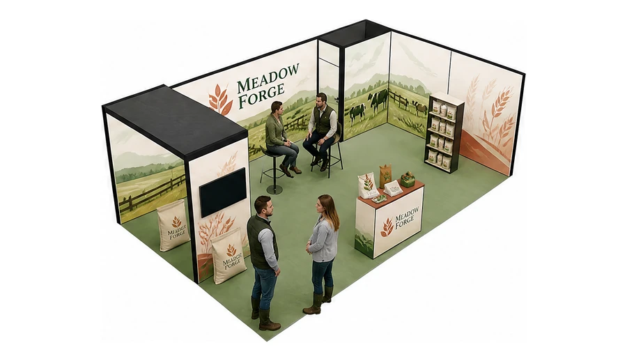 Stoisko 8 × 5 m narożne prawe dla branży hodowla i pasze, przykładowa marka Meadow Forge