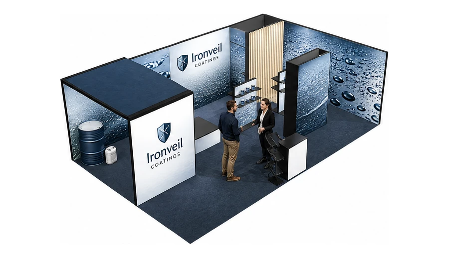 Stoisko 8 × 5 m narożne prawe dla branży chemia przemysłowa i powłoki, przykładowa marka Ironveil Coatings