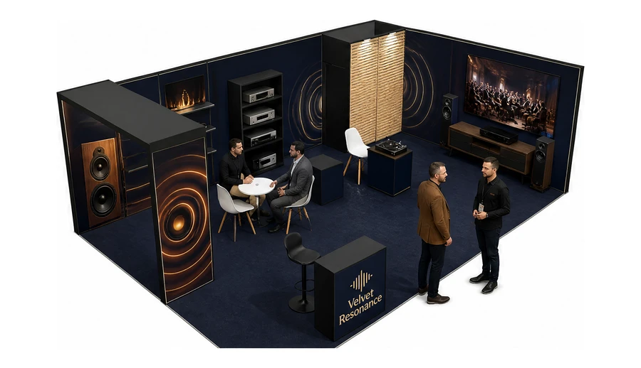 Stoisko 8 × 5 m narożne prawe dla branży sprzęt audio-video, przykładowa marka Velvet Resonance