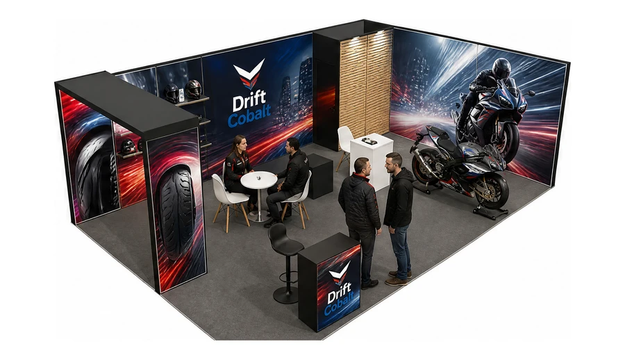 Stoisko 8 × 5 m narożne prawe dla branży motocykle i skutery, przykładowa marka Drift Cobalt