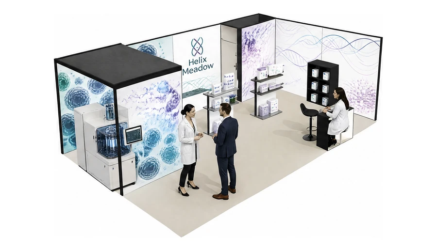 Stoisko 8 × 5 m narożne prawe dla branży farmacja i biotechnologia, przykładowa marka Helix Meadow