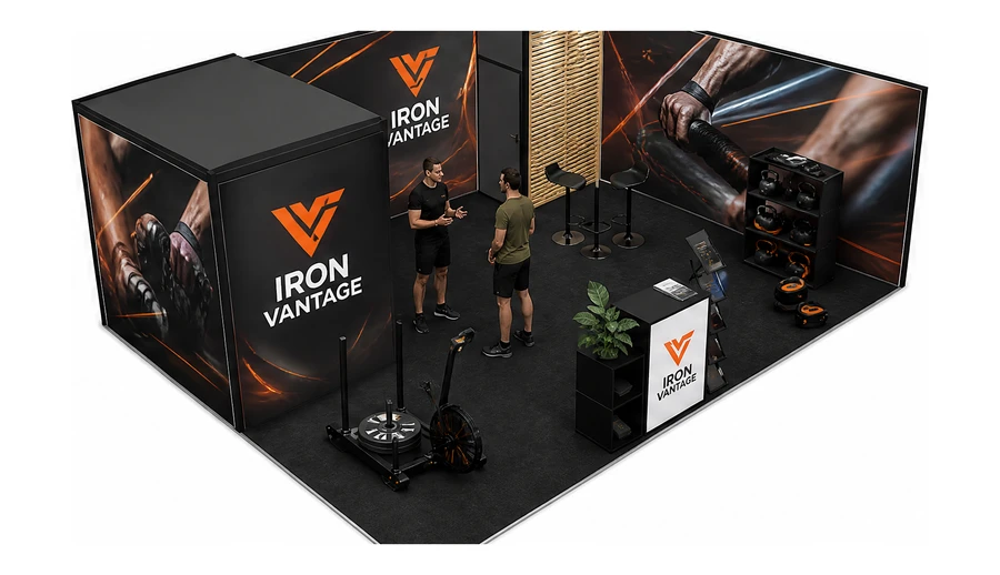 Stoisko 8 × 5 m narożne prawe dla branży fitness i siłownie, przykładowa marka Iron Vantage