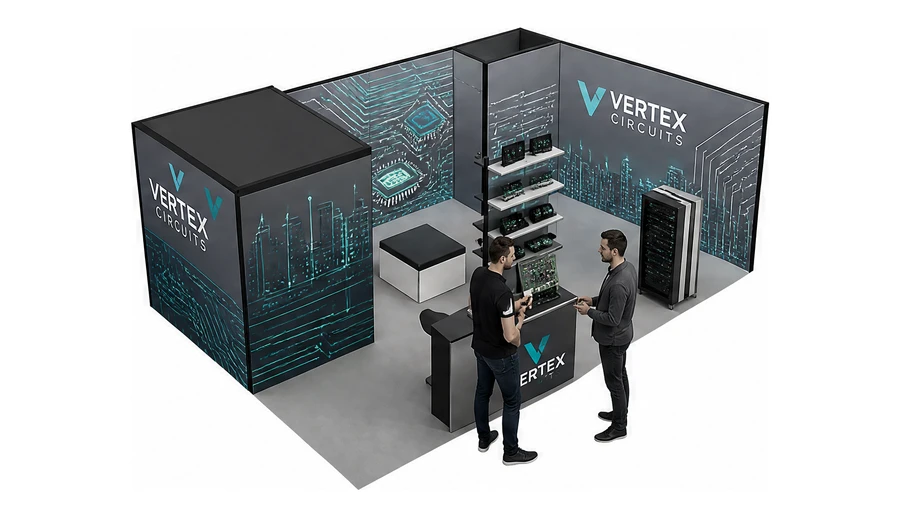 Stoisko 8 × 5 m narożne prawe dla branży komponenty elektroniczne, przykładowa marka Vertex Circuits
