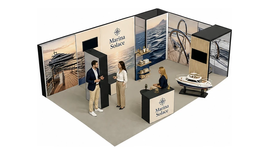 Stoisko 8 × 5 m narożne prawe dla branży jachty i łodzie, przykładowa marka Marina Solace