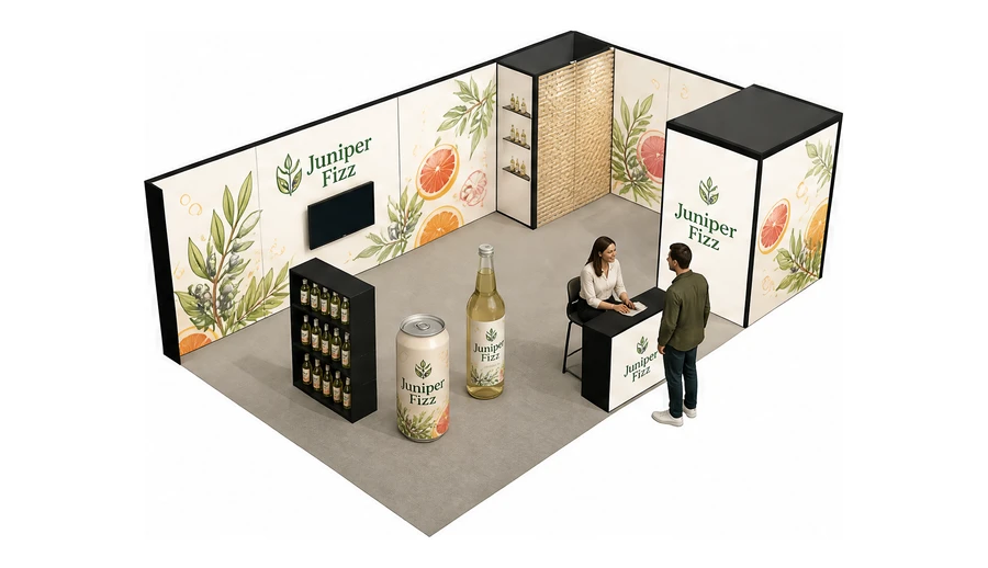 Stoisko 8 × 5 m narożne prawe dla branży napoje, przykładowa marka Juniper Fizz