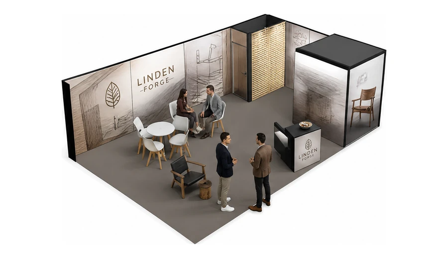 Stoisko 8 × 5 m narożne prawe dla branży meble designerskie, przykładowa marka Linden Forge