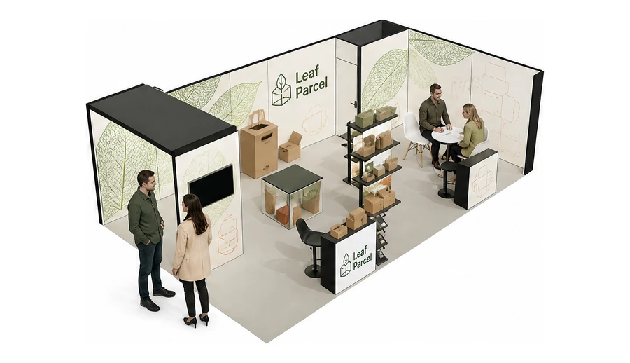 Stoisko 8 × 5 m narożne prawe dla branży opakowania ekologiczne, przykładowa marka Leaf Parcel