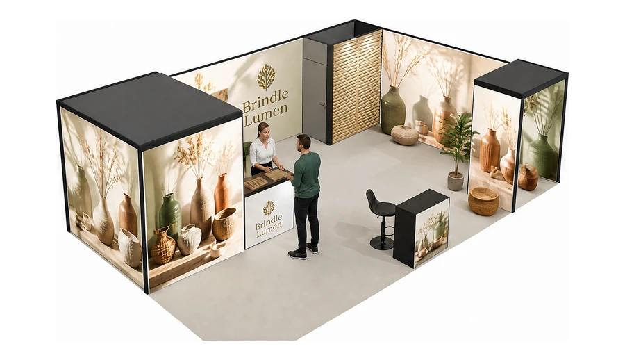 Stoisko 8 × 5 m narożne prawe dla branży dekoracje i upominki, przykładowa marka Brindle Lumen