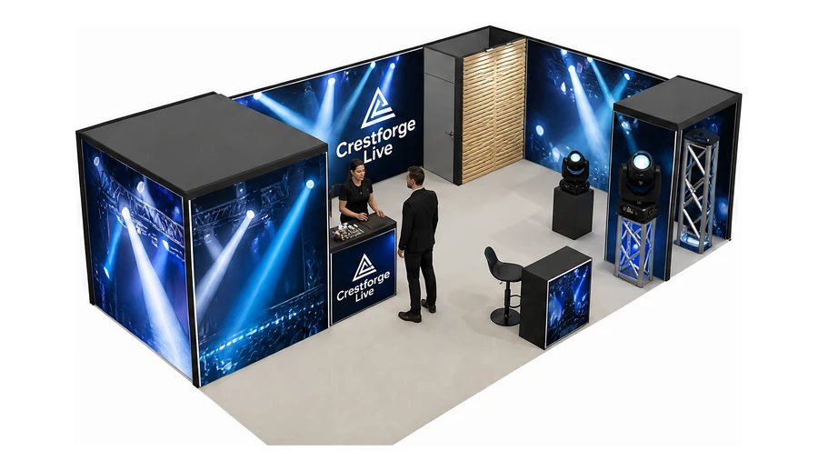 Stoisko 8 × 5 m narożne prawe dla branży branża eventowa, przykładowa marka Crestforge Live