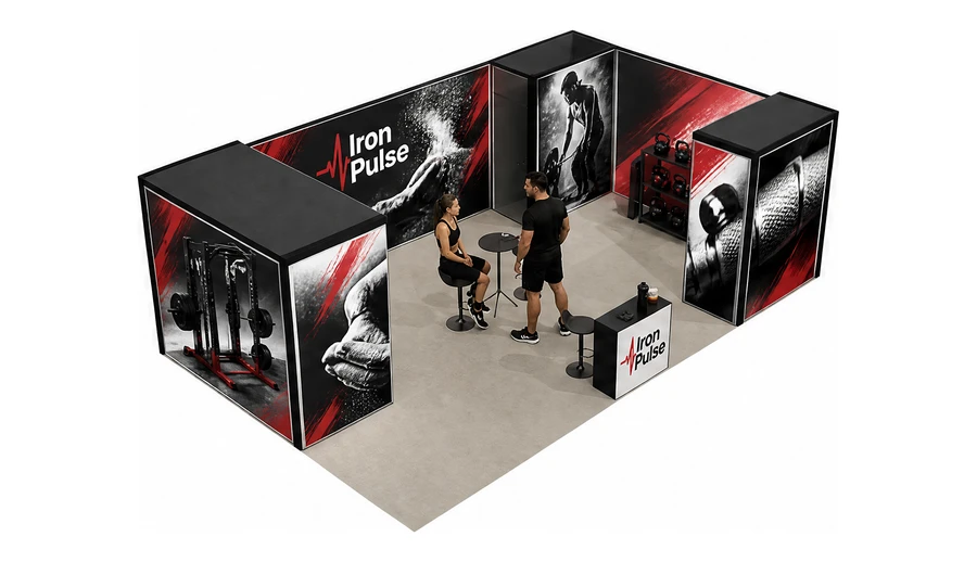 Stoisko 8 × 5 m narożne prawe dla branży fitness i siłownie, przykładowa marka Iron Pulse