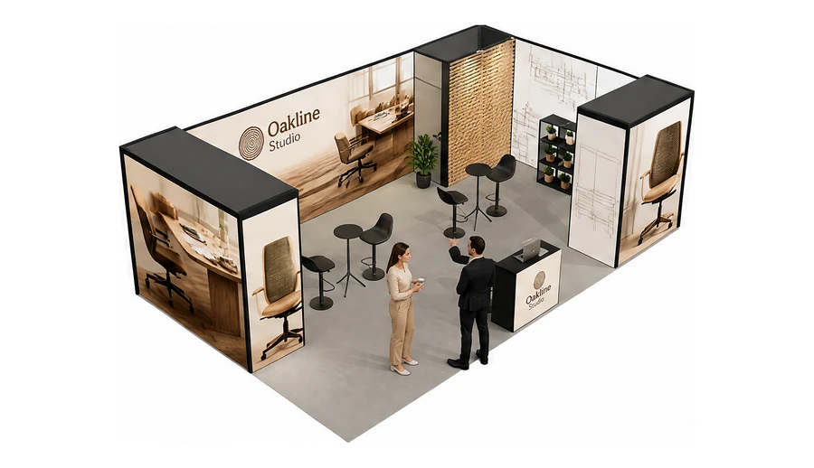 Stoisko 8 × 5 m narożne prawe dla branży meble biurowe, przykładowa marka Oakline Studio