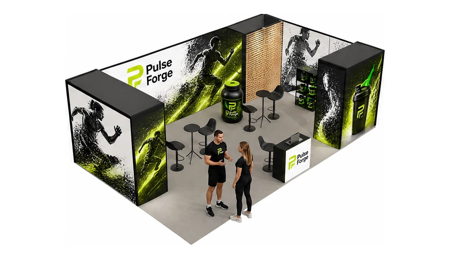 Stoisko 8 × 5 m narożne prawe dla branży suplementy diety, przykładowa marka Pulse Forge