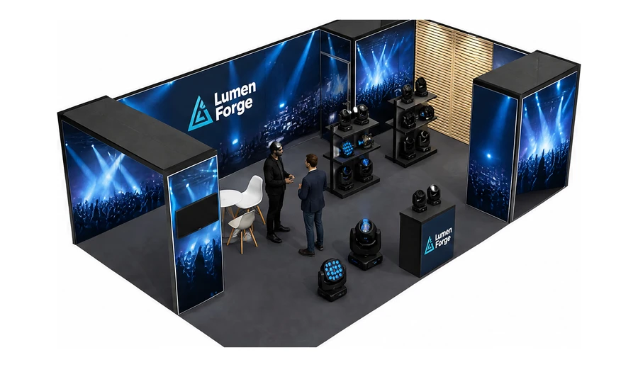 Stoisko 8 × 5 m narożne prawe dla branży branża eventowa, przykładowa marka Lumen Forge