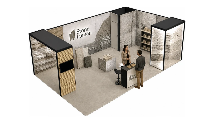 Stoisko 8 × 5 m narożne prawe dla branży materiały budowlane, przykładowa marka Stone Lumen