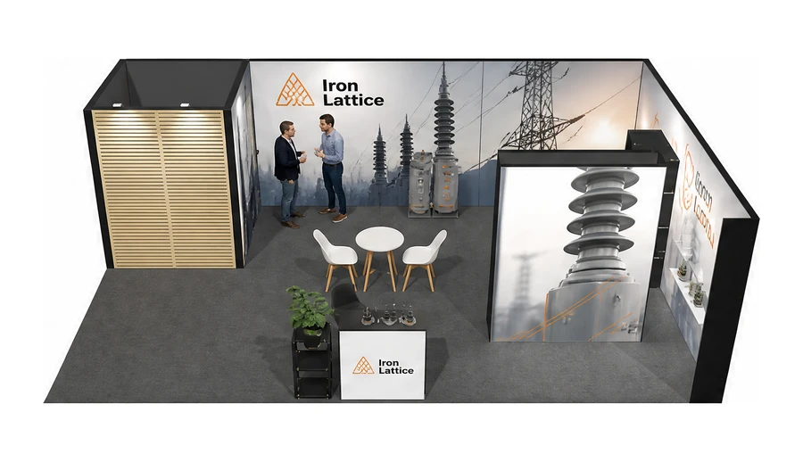 Stoisko 8 × 5 m narożne prawe dla branży energetyka i sieci, przykładowa marka Iron Lattice