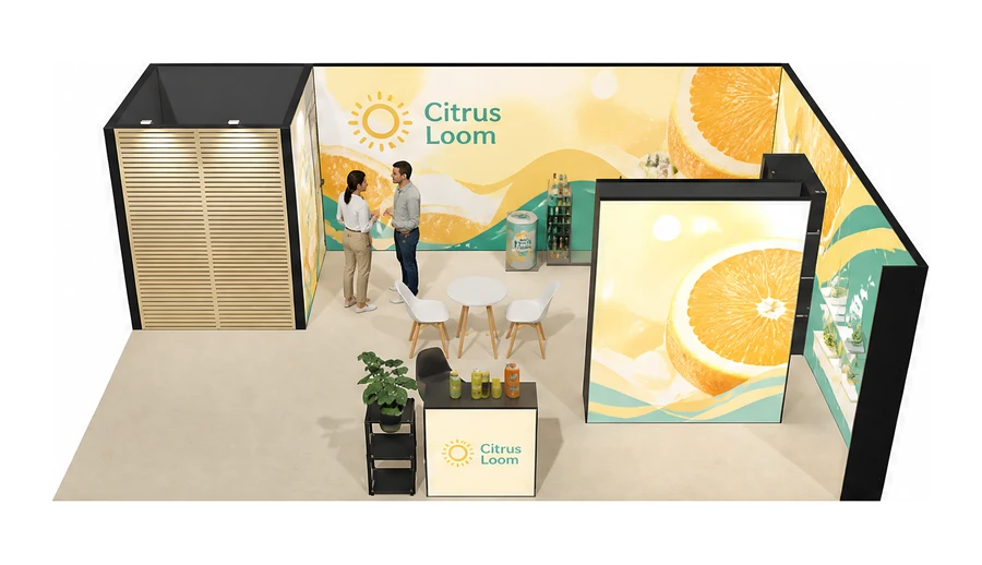 Stoisko 8 × 5 m narożne prawe dla branży napoje, przykładowa marka Citrus Loom