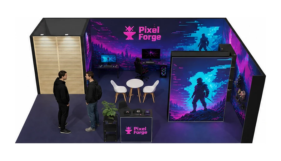Stoisko 8 × 5 m narożne prawe dla branży gry wideo, przykładowa marka Pixel Forge
