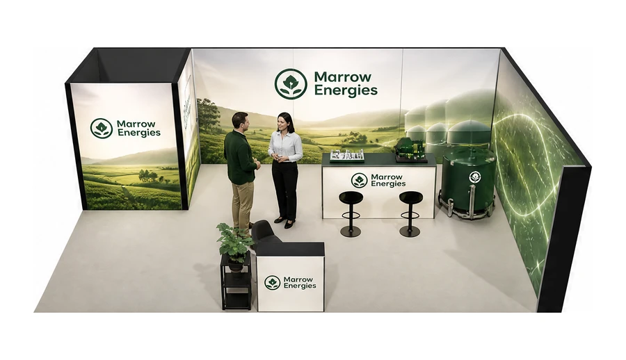 Stoisko 8 × 5 m narożne prawe dla branży biogaz i OZE, przykładowa marka Marrow Energies
