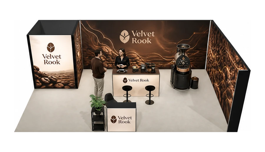 Stoisko 8 × 5 m narożne prawe dla branży palarnia kawy, przykładowa marka Velvet Rook