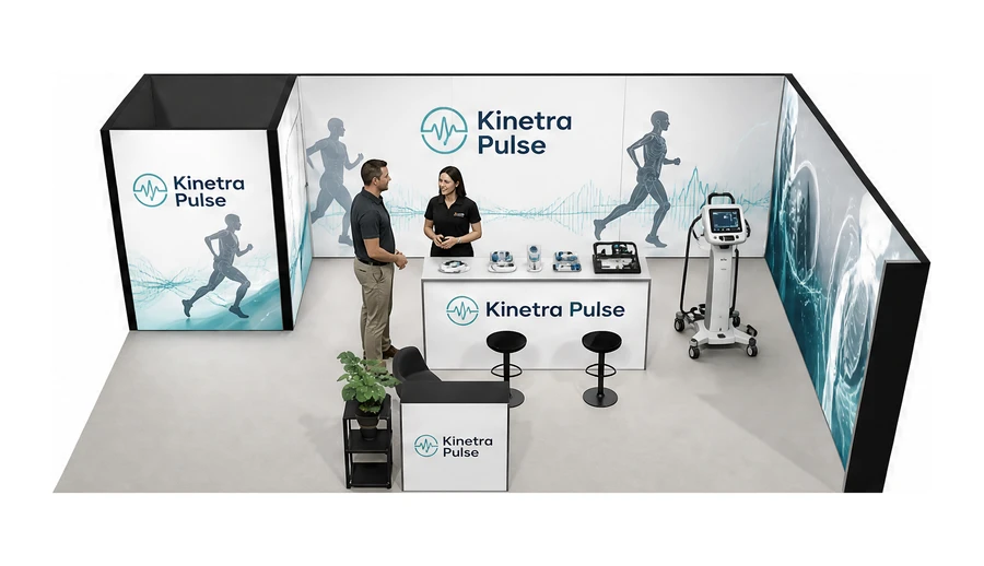 Stoisko 8 × 5 m narożne prawe dla branży rehabilitacja i fizjoterapia, przykładowa marka Kinetra Pulse
