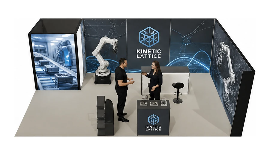 Stoisko 8 × 5 m narożne prawe dla branży automatyka przemysłowa, przykładowa marka Kinetic Lattice