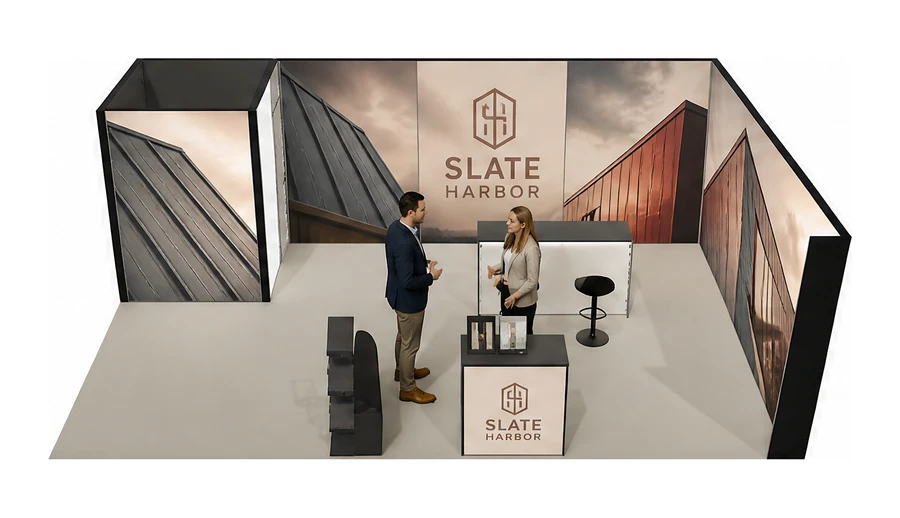 Stoisko 8 × 5 m narożne prawe dla branży dachy i elewacje, przykładowa marka Slate Harbor
