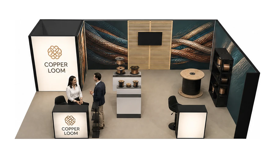 Stoisko 8 × 5 m narożne prawe dla branży kable i elektrotechnika, przykładowa marka Copper Loom