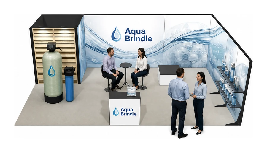 Stoisko 8 × 5 m narożne prawe dla branży technologie wodne, przykładowa marka Aqua Brindle