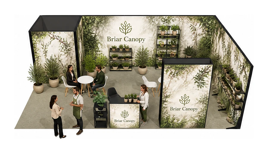 Stoisko 8 × 5 m narożne prawe dla branży rośliny i kwiaciarstwo, przykładowa marka Briar Canopy