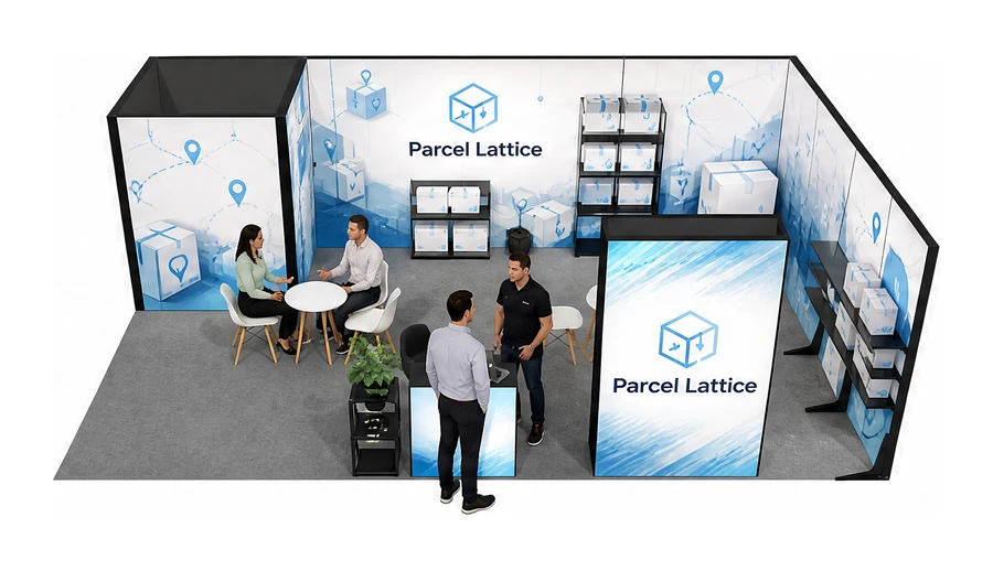 Stoisko 8 × 5 m narożne prawe dla branży e-commerce, przykładowa marka Parcel Lattice