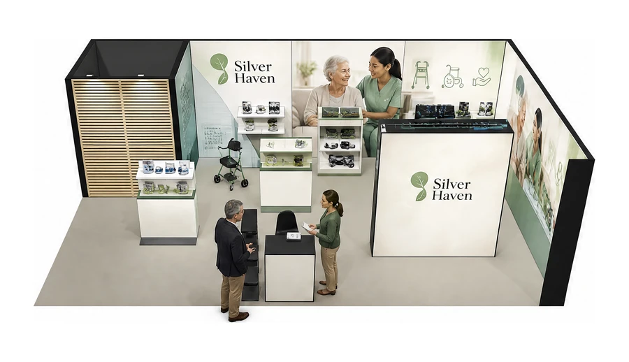 Stoisko 8 × 5 m narożne prawe dla branży opieka senioralna, przykładowa marka Silver Haven