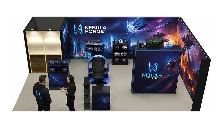 Stoisko 8 × 5 m narożne prawe dla branży gry wideo, przykładowa marka Nebula Forge