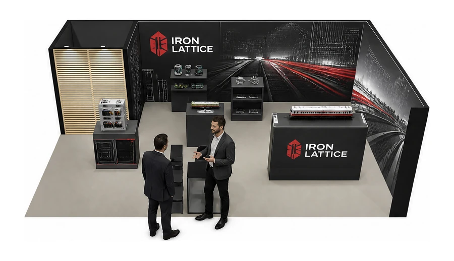 Stoisko 8 × 5 m narożne prawe dla branży kolej i tabor, przykładowa marka Iron Lattice