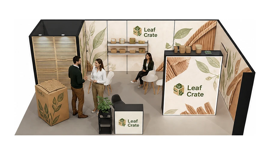 Stoisko 8 × 5 m narożne prawe dla branży opakowania ekologiczne, przykładowa marka Leaf Crate