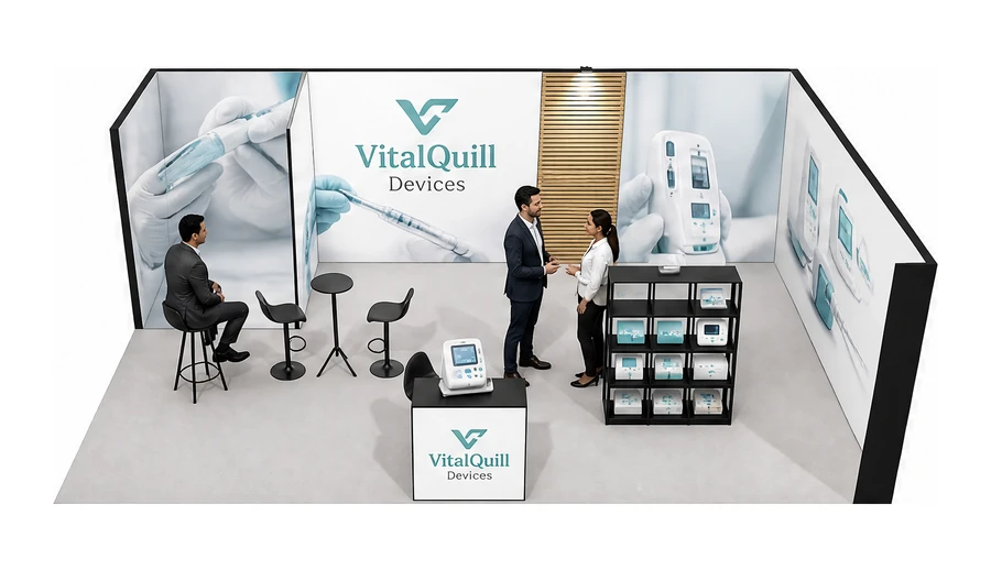 Stoisko 8 × 5 m narożne prawe dla branży sprzęt medyczny, przykładowa marka VitalQuill Devices