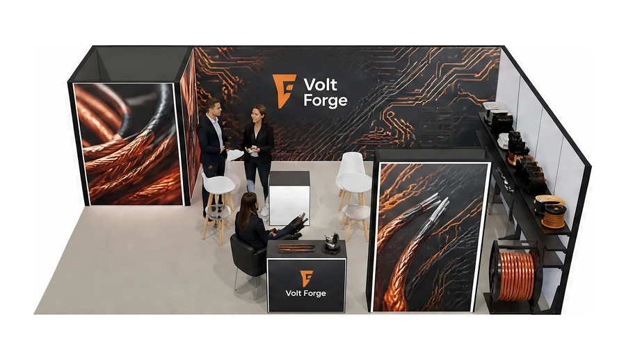 Stoisko 8 × 5 m narożne prawe dla branży kable i elektrotechnika, przykładowa marka Volt Forge
