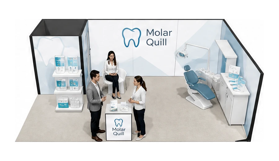 Stoisko 8 × 5 m narożne prawe dla branży stomatologia, przykładowa marka Molar Quill