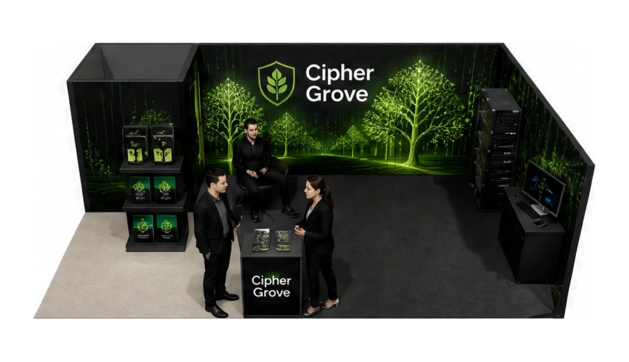 Stoisko 8 × 5 m narożne prawe dla branży cyberbezpieczeństwo, przykładowa marka Cipher Grove