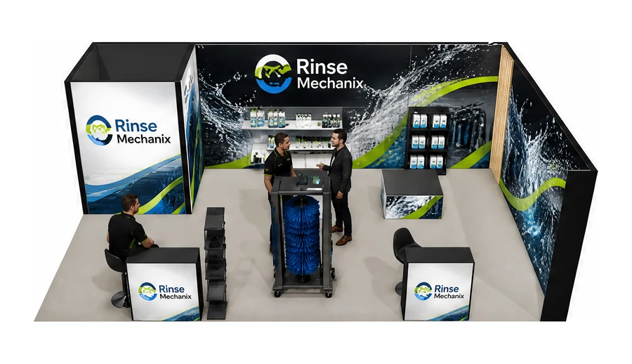 Stoisko 8 × 5 m narożne prawe dla branży myjnie i pielęgnacja aut, przykładowa marka Rinse Mechanix