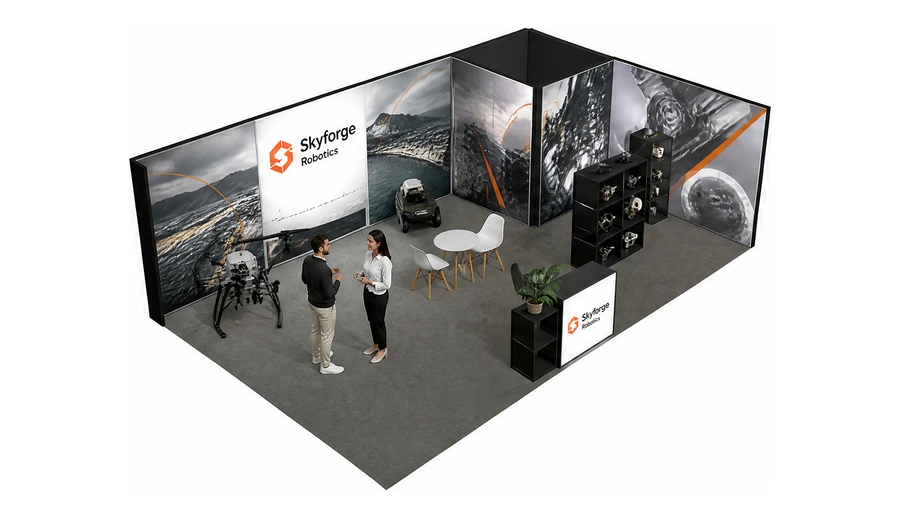 Stoisko 8 × 5 m narożne prawe dla branży drony i robotyka, przykładowa marka Skyforge Robotics