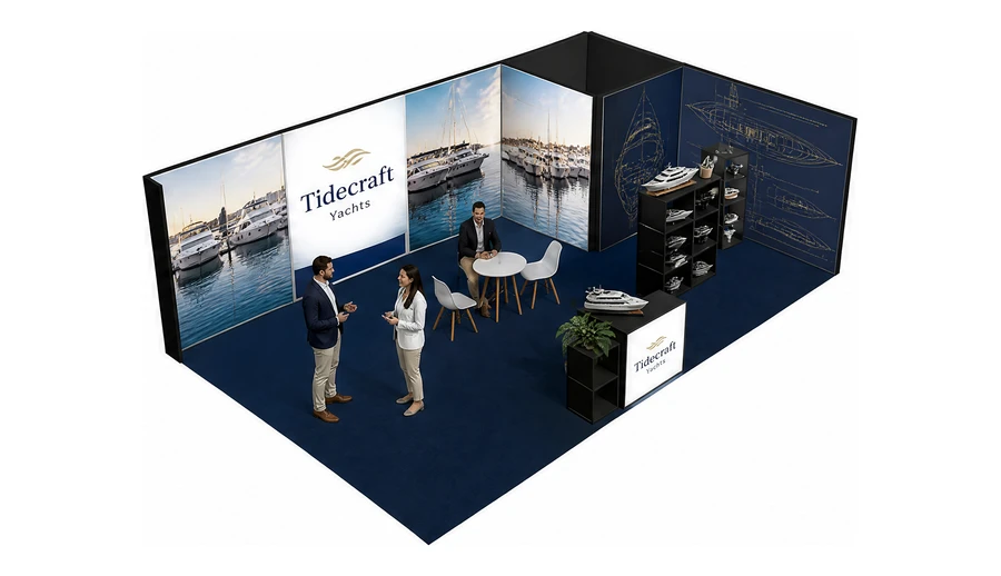 Stoisko 8 × 5 m narożne prawe dla branży jachty i łodzie, przykładowa marka Tidecraft Yachts