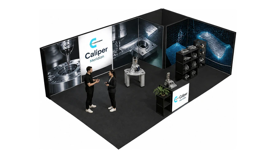 Stoisko 8 × 5 m narożne prawe dla branży technika pomiarowa, przykładowa marka Caliper Meridian