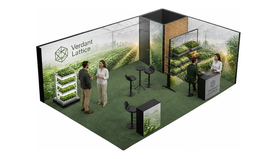Stoisko 8 × 5 m narożne prawe dla branży sadownictwo i warzywnictwo, przykładowa marka Verdant Lattice