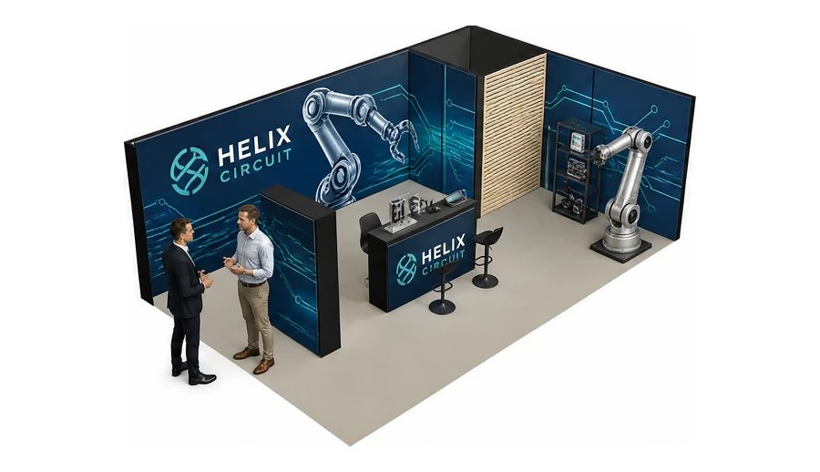 Stoisko 8 × 5 m narożne prawe dla branży automatyka przemysłowa, przykładowa marka Helix Circuit